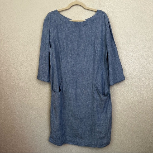 Boden Dresses & Skirts - Boden Laurie 100% Linen Blue Chambray Two Pockets Shift Dress, Size 12L